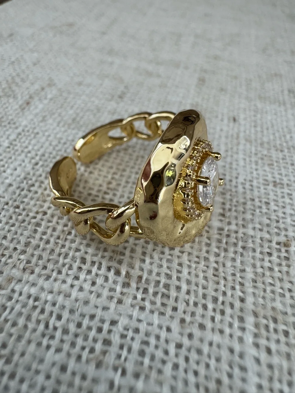 NEW Gold Chain-Link Ring Crystal Clear Stone NWOT One Size Adjustable
